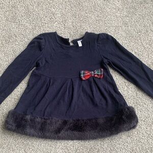 Janie and Jack Navy Top with Plaid Bow and Fur Hem